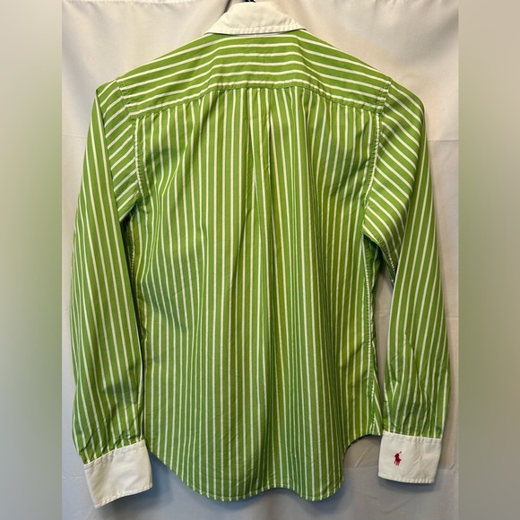 VTG Ralph Lauren Women’s Button Down Lime Green White Stripe Size 6 Pink Logo - Picture 6 of 9